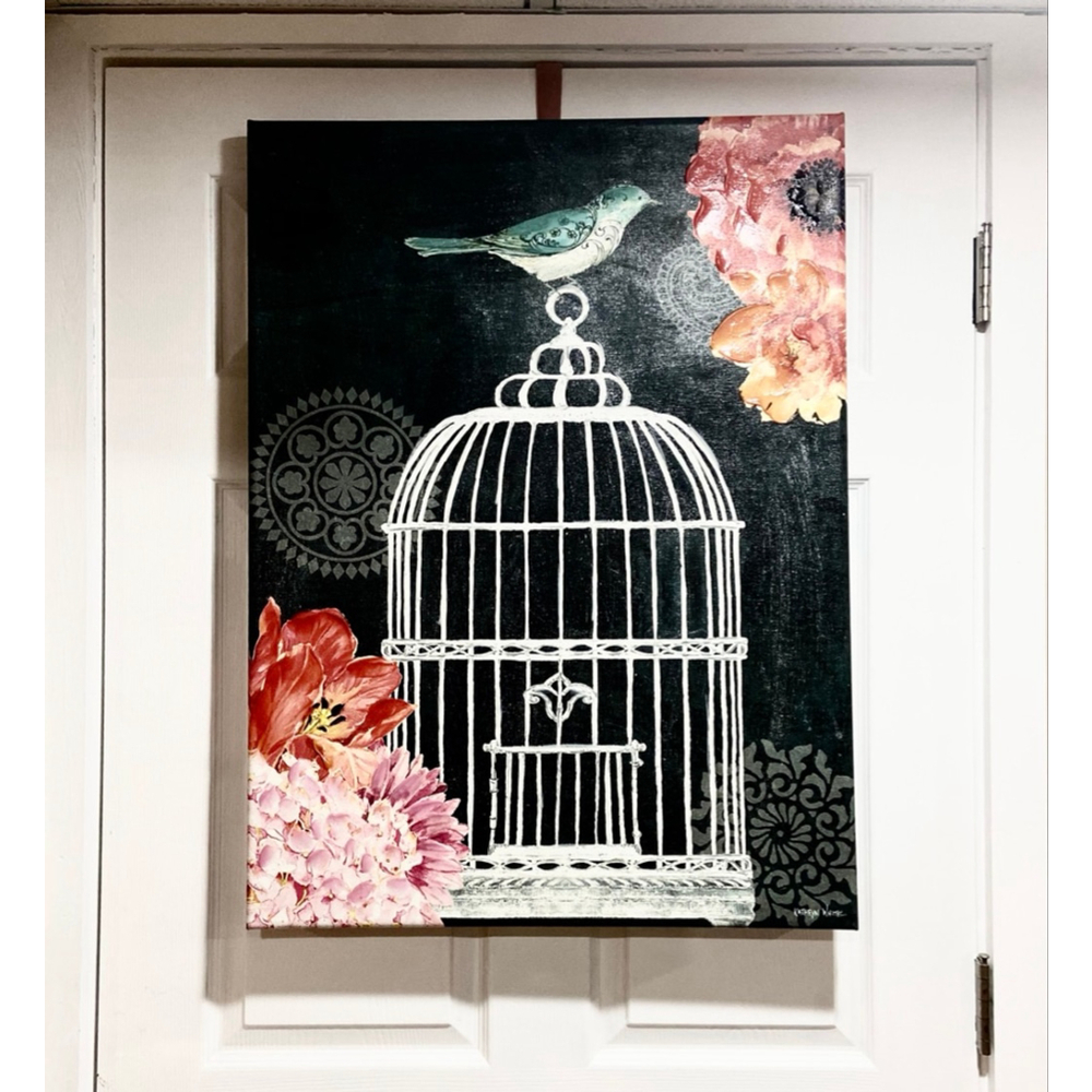 Kathryn White Original Canvas Painting Bird Cage Floral Wall Art Signed 32 x 24 - Picture 3 of 8